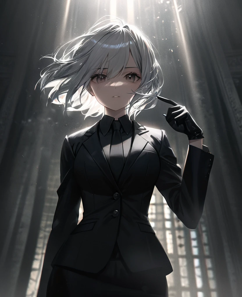 (a woman with one arm,arm handicapped), short white hair, intense expression, wearing a slim-fit black suit with black gloves, highly detailed, photorealistic, intricate details, masterpiece, dramatic lighting, cinematic, moody atmosphere, chiaroscuro, dark and gritty,Smug faces