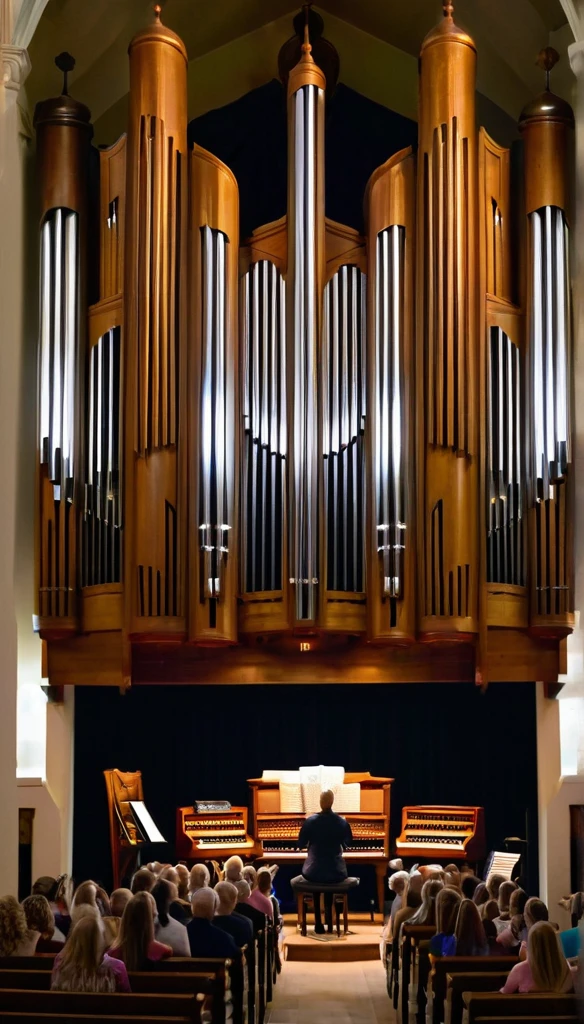 image:8K ultra-high resolution、The solemn and sacred atmosphere of the pipe organ concert ELP Live(masterpiece、Meticulous craftsmanship、Good handling of light、Splendor、Detailed background design、Powerful、The film falls) Emily Lee Pett(Emily Lynne Petter)In the scene of the pipe organ concert with piano,、 Church in Elizabethtown, Pennsylvania