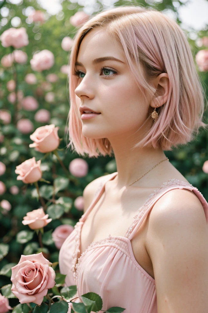 8k, photo and gross, fujifilm, Style photography of a beautiful young girl like Avril in a light pink rose garden. (very detailed skin: 1.2) Style-Petal BREAK short hair, blonde hair with colored highlights, wearing a dress, film grain, 35mm, beautiful style
