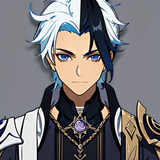 Background simples branco, a male Genshin impact character,single character, olhar sério, hyacinthe rigaud style, Black suite, cabelo cacheados curto e preto , barba curta cinza escuro, visual novel sprite, black armor detailed, high quality, cinematic, dramatic pose, intricate details, vibrant colors, masterpiece, Genshin impact.