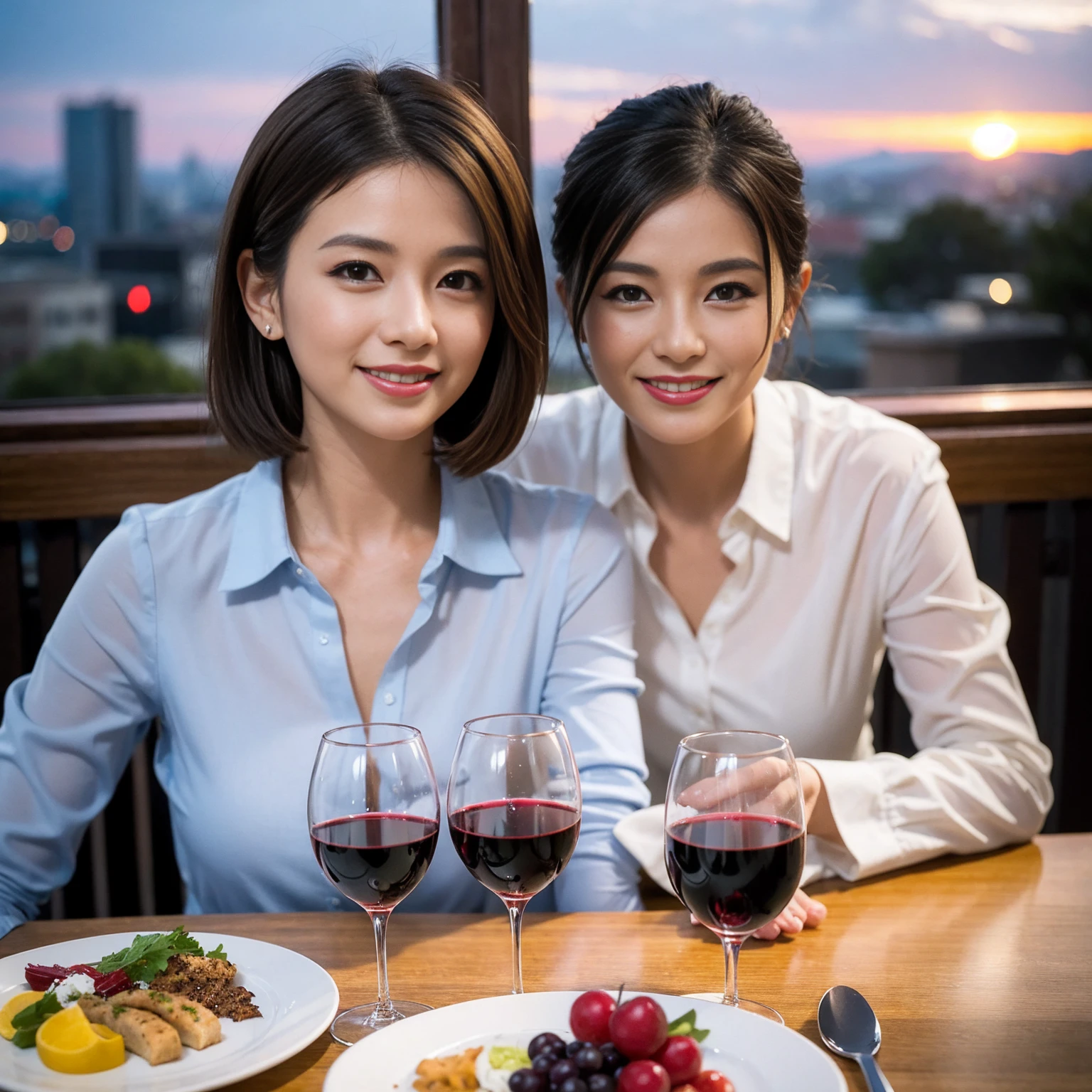 ((Highest quality、8K、masterpiece:1.3))、 (Ultra-realistic、 Genuine、Bright image、Intricate details:1.2), Wine Party、最高のsmile、Slim Beauty、1 male、1 female、Beautiful couple、love love love、Slim lover、Lover in Sendai、actress couple、smile、Full-course dinner at a packed table、 (Slim face), (the body is slim), (Brown Hair), (short hair), テーブルのwine glass、Please shine a light on my face、 Amazing view of the sunset sky and clouds、42 years old 39 years old, red wine 、Appetizers、Wine bottle、sparkling wine、Long sleeve shirt、dress、White wine, red wine, wine glass,