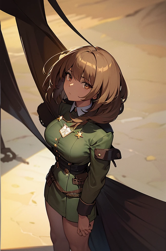 Content:
A black anime woman in a uniform inspired by German WW2 attire, standing in the desert. She has a mature face with long brown hair and brown eyes, exuding confidence and authority. She is depicted as a military general.

Medium:
Concept art, digital illustration.

Style:
Inspired by Yasutomo Oka, Pixiv, Shin Hanga, Fujita Goro, Range Murata, and Artgerm. Incorporating elements from dieselpunk aesthetics and detailed, fine art.

Lighting:
Dramatic, with strong contrasts to highlight her authoritative presence and the intricate details of her uniform. Subtle shadows add depth and realism.

Colours:
A palette dominated by military greens, browns, and desert hues, with subtle highlights to bring out the texture of the uniform and her features. The background features a desert landscape, emphasizing the military theme.

Composition:
A full-body shot, showcasing her mature and confident stance. She stands with a commanding presence, right hand saluting, and left hand behind her back. The desert environment enhances her military aura and the overall composition.