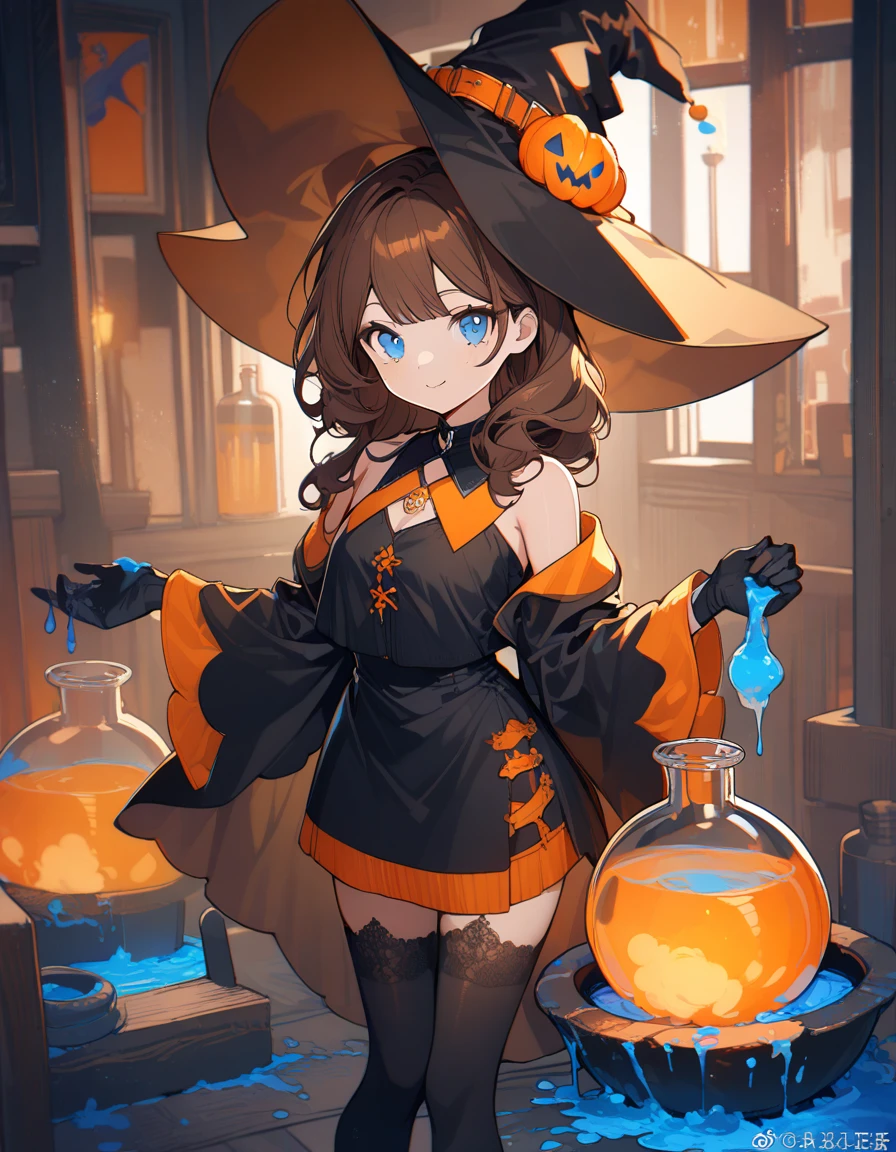 1 girl, CuteStyle, blue eyes, brown hair, long hair with bangs, witch hat, witch costume, bare shoulders, separate sleeves, neckline, neckline, black gloves, short black mini dress, black stockings, bulging skin from stockings, looks at the viewer, sly smile, sly look, indoors, a cauldron with blue liquid, a lot of flasks, orange-blue lighting, dark, specks of dust flying in the air, detailed, beautiful, delicate tones