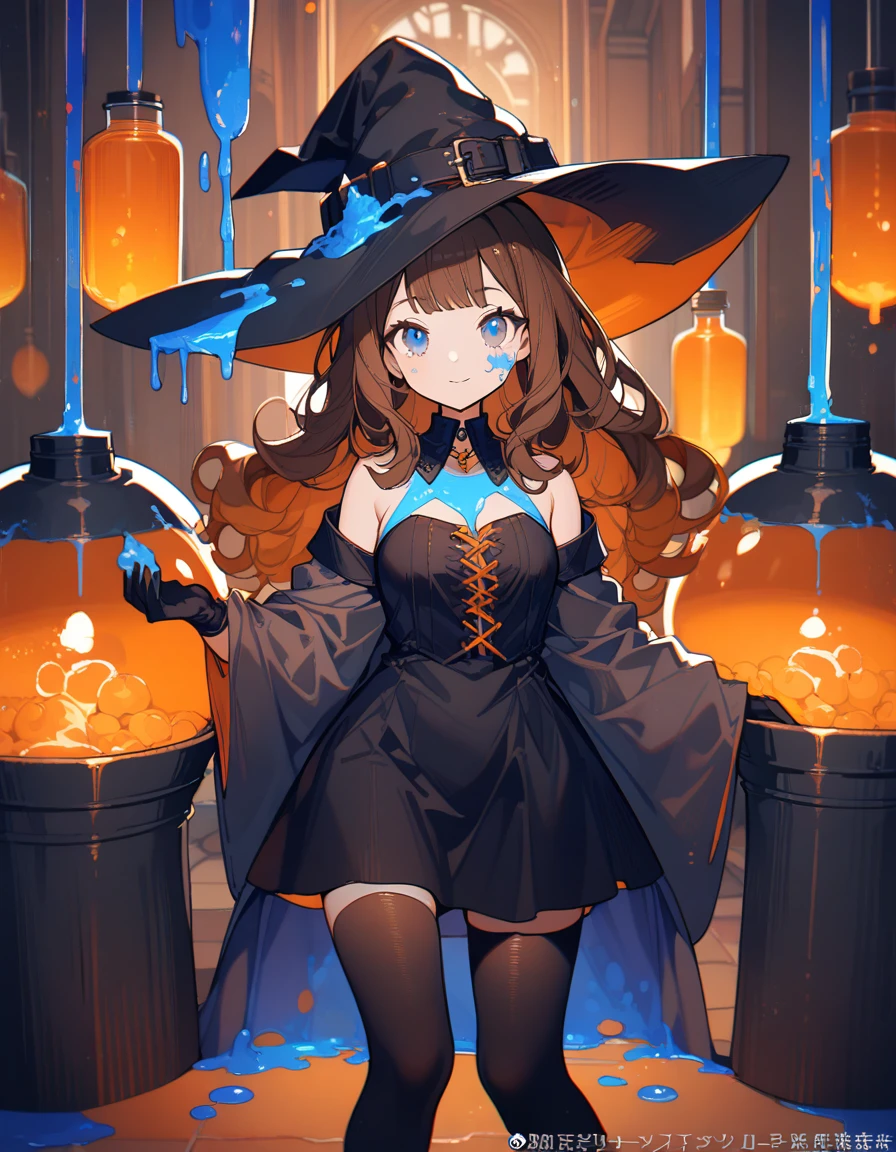 1 girl, CuteStyle, blue eyes, brown hair, long hair with bangs, witch hat, witch costume, bare shoulders, separate sleeves, neckline, neckline, black gloves, short black mini dress, black stockings, bulging skin from stockings, looks at the viewer, sly smile, sly look, indoors, a cauldron with blue liquid, a lot of flasks, orange-blue lighting, dark, specks of dust flying in the air, detailed, beautiful, delicate tones