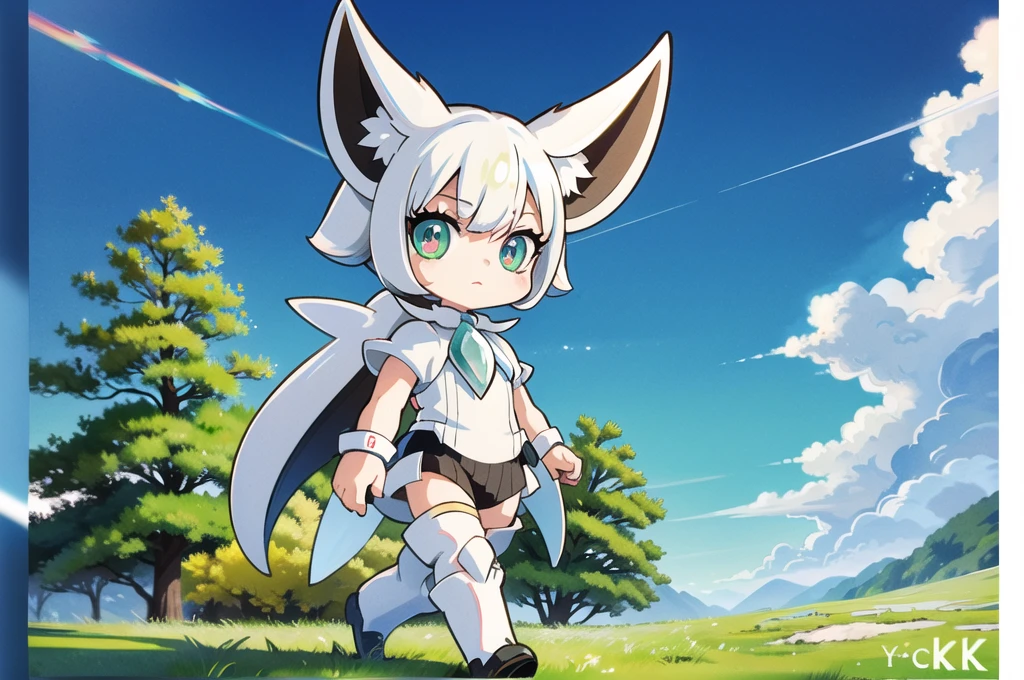 absurd res, (masterpiece, best quality:1.1), arceus, (yousan:1.1), chibi, pokemon \(creature\), no humans, feral, tail, walking, cute, cutesy, from side, looking at viewer, green sclera, red eyes, (detailed eyes:1.2), looking at viewer, detailed background, grass, park, swings, blue sky, clear sky, (4k, hdr:1.3)