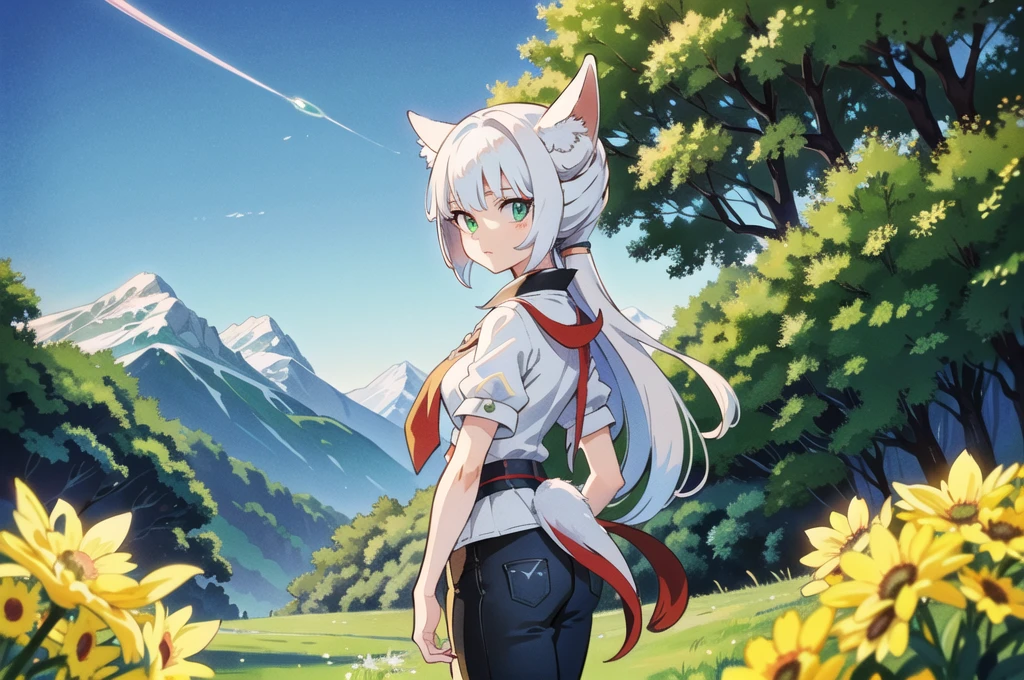 absurd res, (masterpiece, best quality:1.1), arceus, (yousan:1.1), chibi, pokemon \(creature\), no humans, feral, tail, walking, cute, cutesy, from side, looking at viewer, green sclera, red eyes, (detailed eyes:1.2), looking at viewer, detailed background, grass, park, swings, blue sky, clear sky, (4k, hdr:1.3)