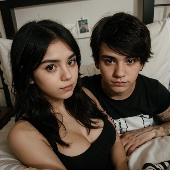 Mexican emo girl and a Polish emo boy , curled up in their bed , looking at the camera for his followers , sheltered , cute photo for instagram , selfie 25 years old both