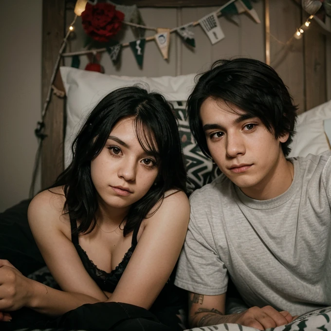 Mexican emo girl and a Polish emo boy , curled up in their bed , looking at the camera for his followers , sheltered , cute photo for instagram , selfie 25 years old both