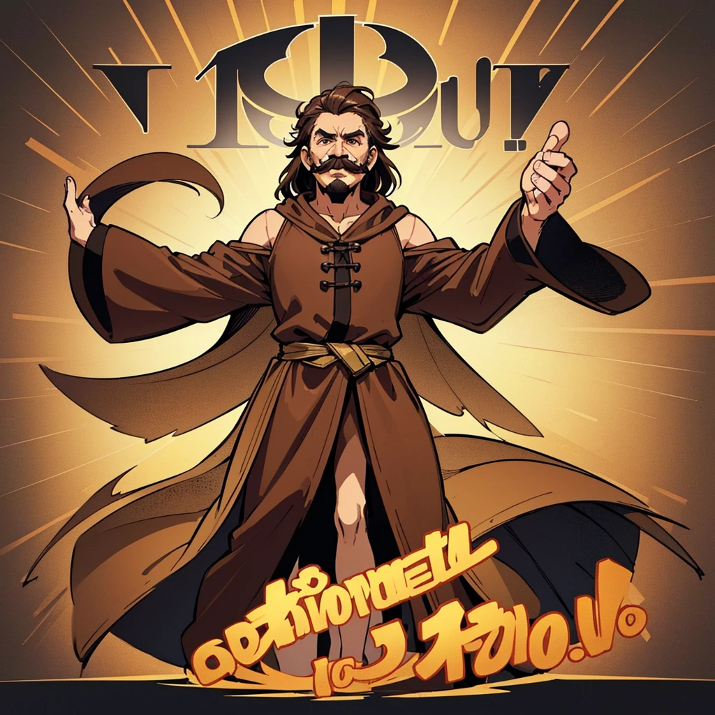 ((((Solo))))、(Full body character concept、Various poses、10 people)、Highest quality, Best Quality,Best illustrations、middle ages、(((Simple brown robe)))、(50 year old man、mature、Kaiser moustache、Hair length to shoulders)、(Open your mouth、smile)、Dramatic Angle
