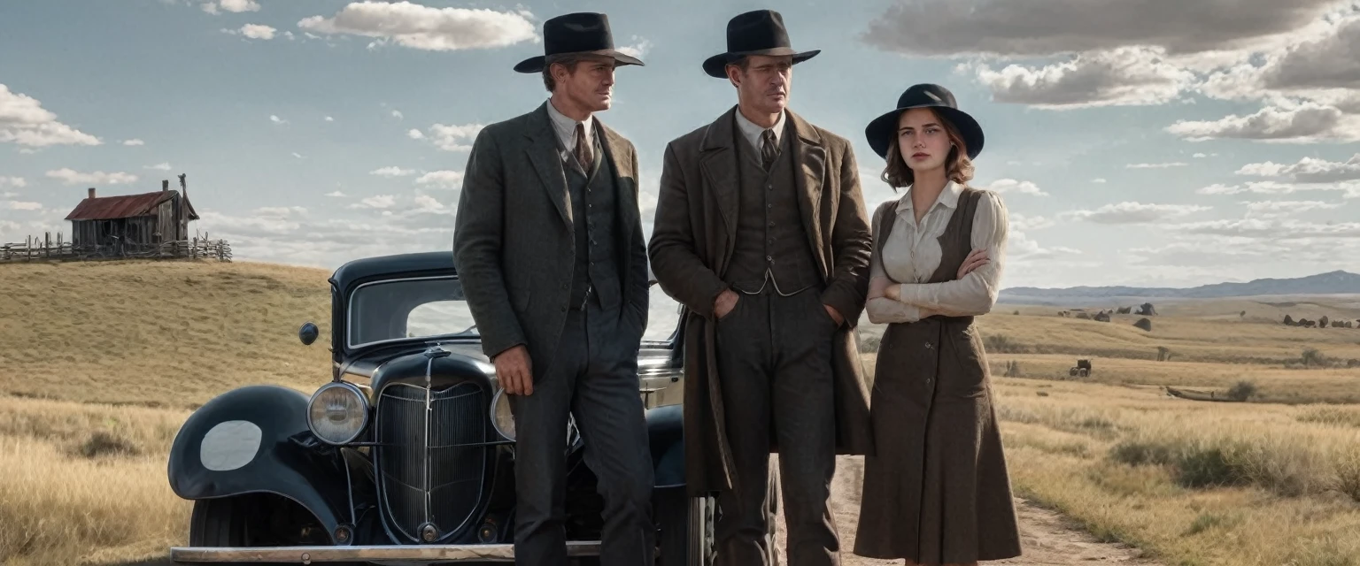 a photo of a man and woman standing next to an old 1930s' ford coup as illustrated in top cow comics, in the old west, featured on dribbble, kino's journey (2003), mystery and detective themed, valve promotional splash art, the 'american gothic' painting, ( ( large black hat ) ), twisted rays, scythe design, anato finnstark and kelogsloops