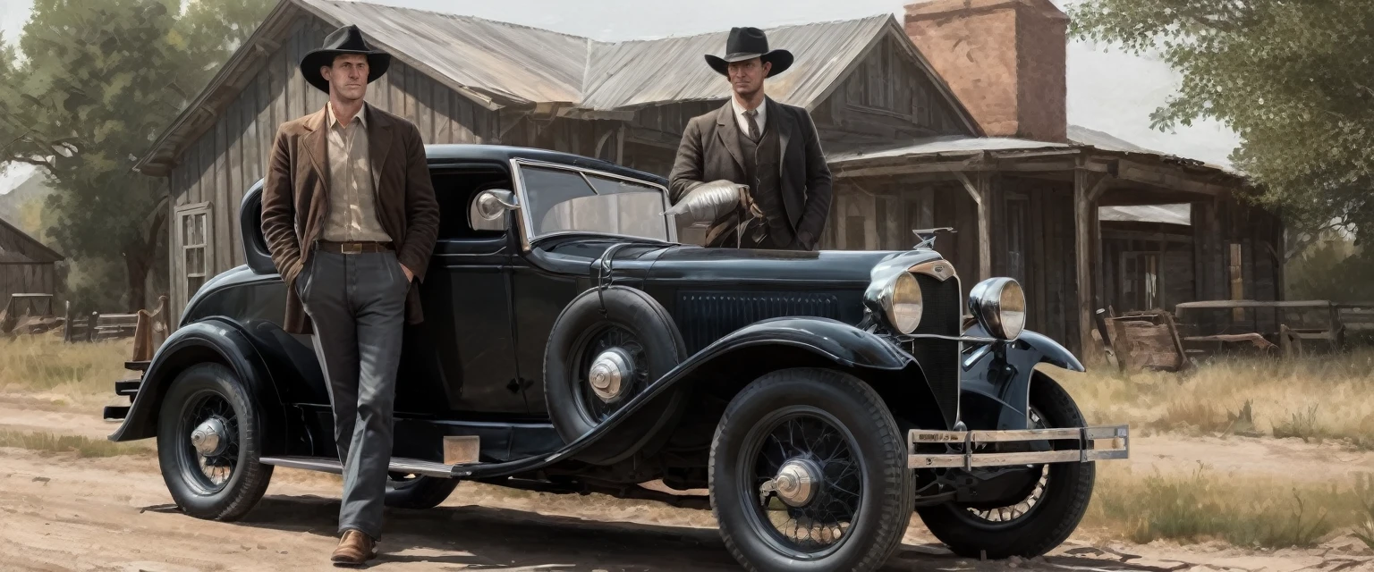 a photo of a man and woman standing next to an old 1930s' ford coup as illustrated in top cow comics, in the old west, featured on dribbble, kino's journey (2003), mystery and detective themed, valve promotional splash art, the 'american gothic' painting, ( ( large black hat ) ), twisted rays, scythe design, anato finnstark and kelogsloops