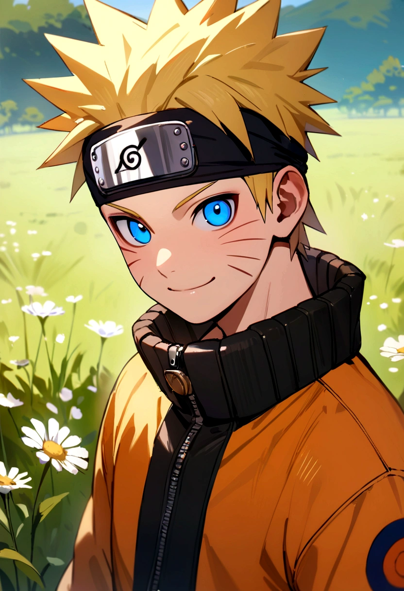 masterpiece, best quality, 1boy, uzumaki naruto, blonde hair, spiked hair, blue eyes, whisker markings, facial mark, forehead protector, , konohagakure symbol, jumpsuit, upper body, looking at viewer, smile, solo, meadow background