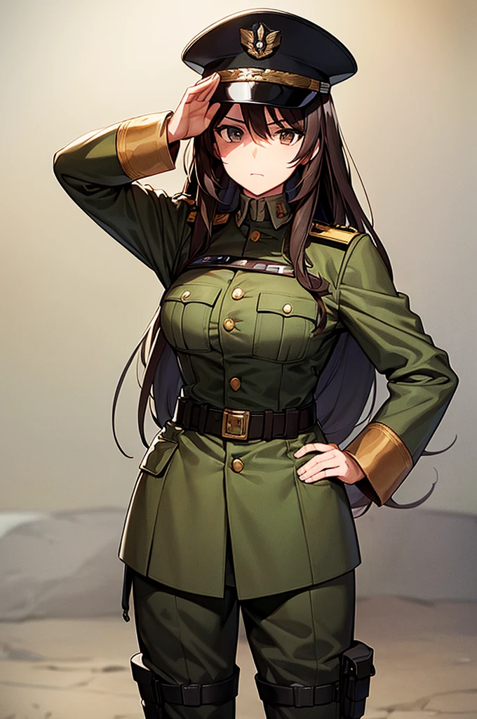 Content:
A black, adult female general with long brown hair and brown eyes. She has a mature face and is wearing a uniform loosely inspired by German military attire. She is saluting the camera with a confident and serious expression, her left hand behind her back.

Medium:
Digital art, anime illustration.

Style:
Pixiv contest winner, fine art, incorporating elements from historical military aesthetics and anime character design to emphasize a confident and mature look. Drawing style references from artists known for their strong, detailed character portrayals like Yoji Shinkawa.

Lighting:
Dramatic, with strong contrasts to highlight her authoritative presence and the details of her uniform. Subtle shadows add depth and realism, emphasizing her serious demeanor.

Colours:
A palette of military greens and browns, with subtle highlights to bring out the texture of the uniform and her facial features. The background is a desert setting, enhancing the military theme.

Composition:
A full-body shot, capturing her mature and confident demeanor. She stands tall and proud, with her right hand raised in a salute and her left hand behind her back. The desert landscape serves as the backdrop, reinforcing her military presence.