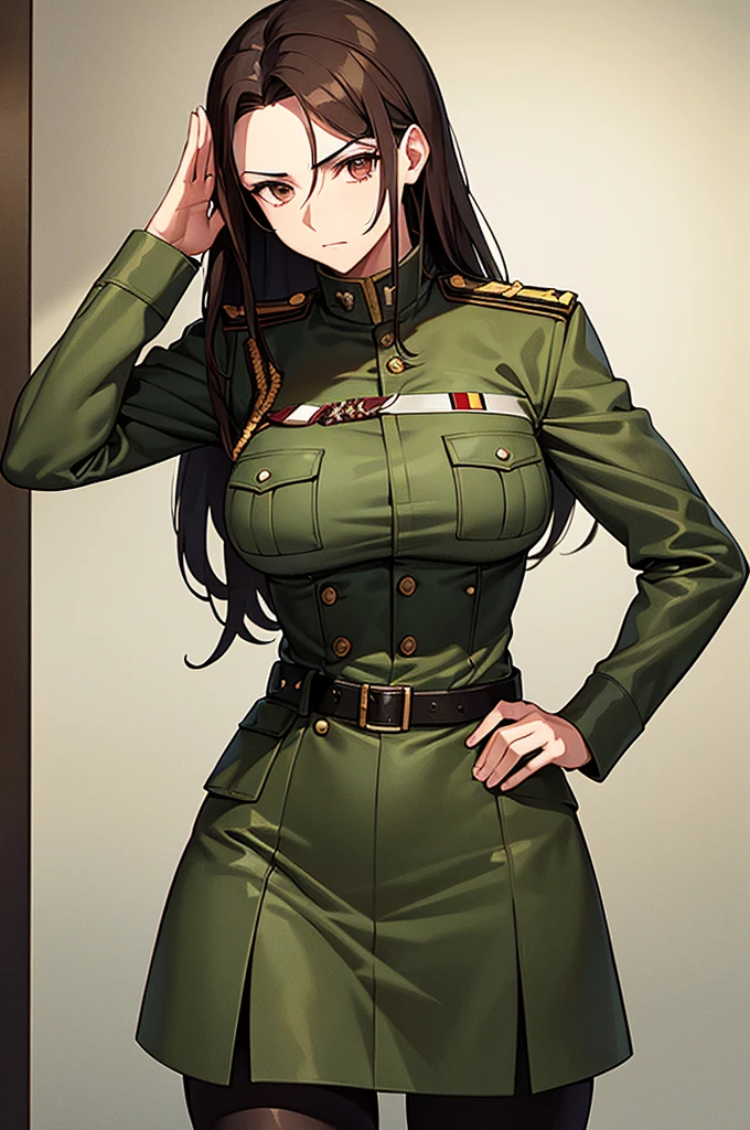 Content:
A black, adult female general with long brown hair and brown eyes. She has a mature face and is wearing a uniform loosely inspired by German military attire. She is saluting the camera with a confident and serious expression, her left hand behind her back.
Medium:
Digital art, anime illustration.
Style:
Pixiv contest winner, fine art, incorporating elements from historical military aesthetics and anime character design to emphasize a confident and mature look. Drawing style references from artists known for their strong, detailed character portrayals like Yoji Shinkawa.
Lighting:
Dramatic, with strong contrasts to highlight her authoritative presence and the details of her uniform. Subtle shadows add depth and realism, emphasizing her serious demeanor.
Colours:
A palette of military greens and browns, with subtle highlights to bring out the texture of the uniform and her facial features. The background is a desert setting, enhancing the military theme.
Composition:
A full-body shot, capturing her mature and confident demeanor. She stands tall and proud, with her right hand raised in a salute and her left hand behind her back. The desert landscape serves as the backdrop, reinforcing her military presence.