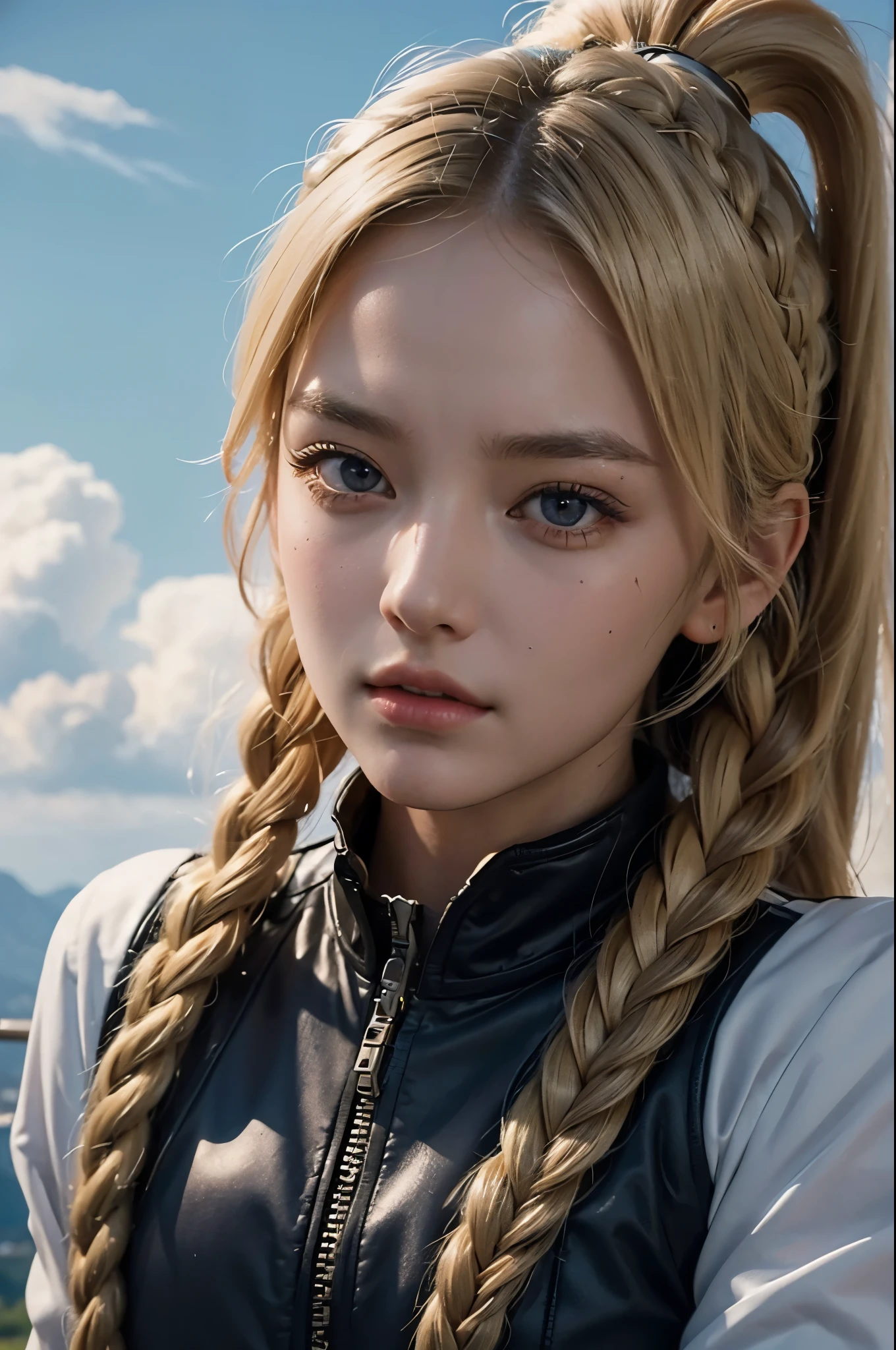 1girl, female pilot, blonde hair, long braids, flight suit, extremely detailed face and eyes, beautiful detailed lips, longeyelashes, muscular body, athletic, confident expression, posing, outdoor scene, field, dramatic sky, cinematic lighting, vibrant colors, high quality, photorealistic