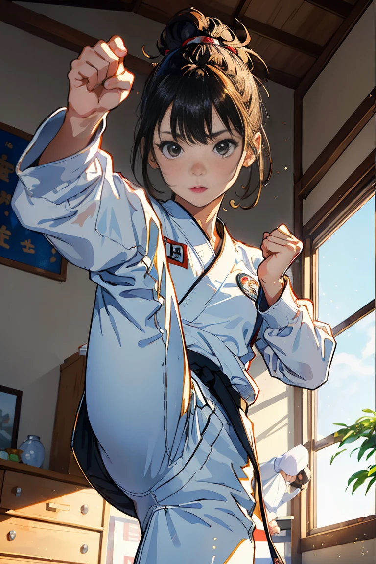 (masterpiece:1.5,Browsing Caution), high quality, Very high resolution, Perfect Anatomy, detailed,Realistic,(Transmits light:1.3), Light dispersion, Diffraction of Light,Dynamic pose, Dutch Angle,Best Hand:1.5, ((Cute 1 Fighting Girl,detailed black eyes)), 20-year-old, Cute cheerful face, A small breath:1.2,((White long sleeve karate uniform,:1.2 White Karate Pants:1.2,
Very short brown hair)), (((She is fighting with someone:1.5,Punching and kicking:1.2))), ((karate dojo:1.2,tatami:1.2)),Beautiful white skin,