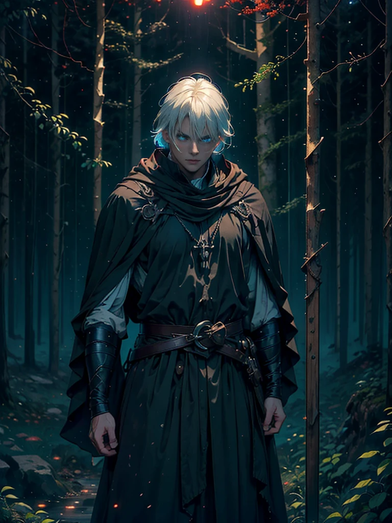 (Best Quality,ultra detailed), artificial raindrops falling, a man standing in the rain, white hair, blue eyes, detailed face(fail),dense forest landscape,majestic and serene nature, shining brightly in the night sky,black medieval outfit with fluorescent red stripes that glow in the moonlight, gentle style