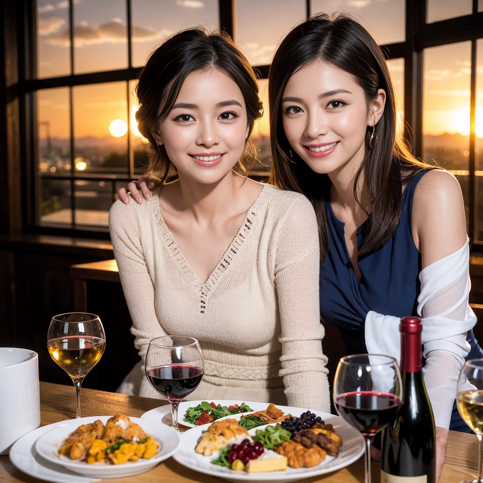 ((Highest quality、8K、masterpiece:1.3))、 (Ultra-realistic、 Genuine、Bright image、Intricate details:1.2), Wine Party、最高のsmile、Slim Beauty、1 male、1 female、Beautiful couple、love love love、Slim lover、Lover in Sendai、actress couple、smile、Full-course dinner at a packed table、 (Slim face), (the body is slim), (Brown Hair), (short hair), テーブルのwine glass、Please shine a light on my face、 Amazing view of the sunset sky and clouds、37 years old 39 years old, red wine 、Appetizers、Wine bottle、sparkling wine、Long sleeve shirt、dress、White wine, red wine, wine glass, 