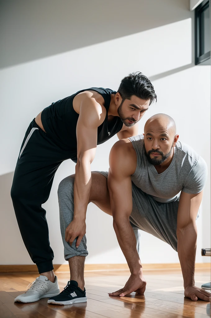 Authentic style,A strong gym teacher walks into the room,Take the barbell,Black barbell,Walking posture,Fitness coach,Grey vest,Looking at the camera,40-year-old Asian man image,Canine,Tiger Teeth,Looking at the camera,Slobber,Both hands,beard,Gray clothes,Wet clothes,A kind expression,Kind uncle,A polite greeting,Black short hair,Very short hair,(Fat-encapsulated muscle),Fit and fit,Mermaid line,Loose work shorts,Dirty pants,(There is a huge King Oyster Mushroom in my pants),Leg hair,Thick body hair,Black body hair,Leg hair,cloth shoes,toe,Sexy men,full-body shot,Real person photos,Correct anatomical shape of the limbs,indoor,White Wall,daytime,Full body shot,Bottom-up camera angle,Upward camera angle,Fine skin texture,Soft Light,Low contrast images,Highest quality,4k quality,