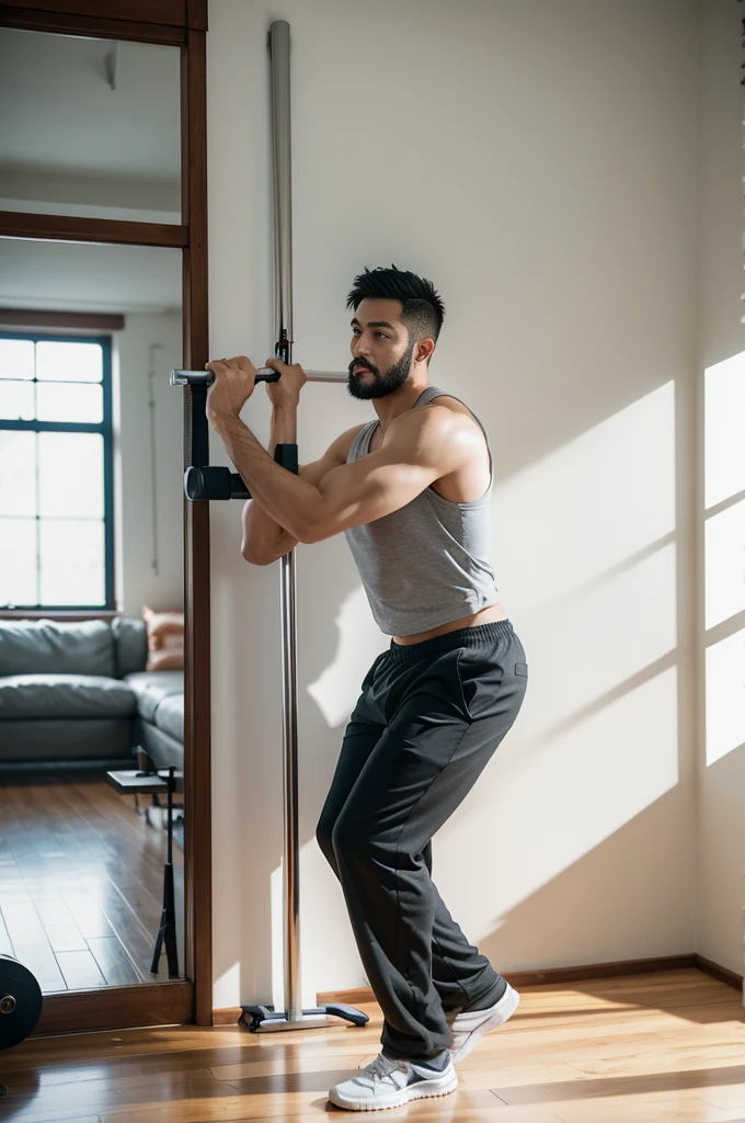 Authentic style,A strong gym teacher walks into the room,Take the barbell,Black barbell,Walking posture,Fitness coach,Grey vest,Looking at the camera,40-year-old Asian man image,Canine,Tiger Teeth,Looking at the camera,Slobber,Both hands,beard,Gray clothes,Wet clothes,A kind expression,Kind uncle,A polite greeting,Black short hair,Very short hair,(Fat-encapsulated muscle),Fit and fit,Mermaid line,Loose work shorts,Dirty pants,(There is a huge King Oyster Mushroom in my pants),Leg hair,Thick body hair,Black body hair,Leg hair,cloth shoes,toe,Sexy men,full-body shot,Real person photos,Correct anatomical shape of the limbs,indoor,White Wall,daytime,Full body shot,Bottom-up camera angle,Upward camera angle,Fine skin texture,Soft Light,Low contrast images,Highest quality,4k quality,