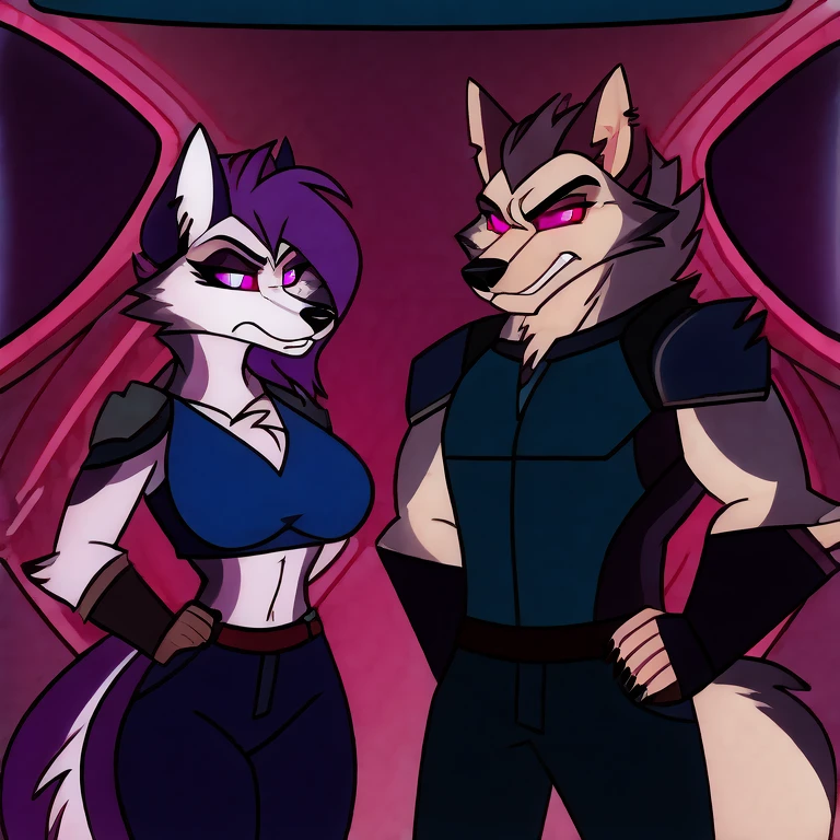 (masterpiece, best quality: 1.2), Vortex Hellhound, a bodyguard, wolf, furry, an amazing boss, hypnotized with glowing purple eyes, serious and angry face, wearing futuristic armor, arresting a female hellhound with normal eyes and scraed face, white fur, wearing civilian clothes, in futuristic room background