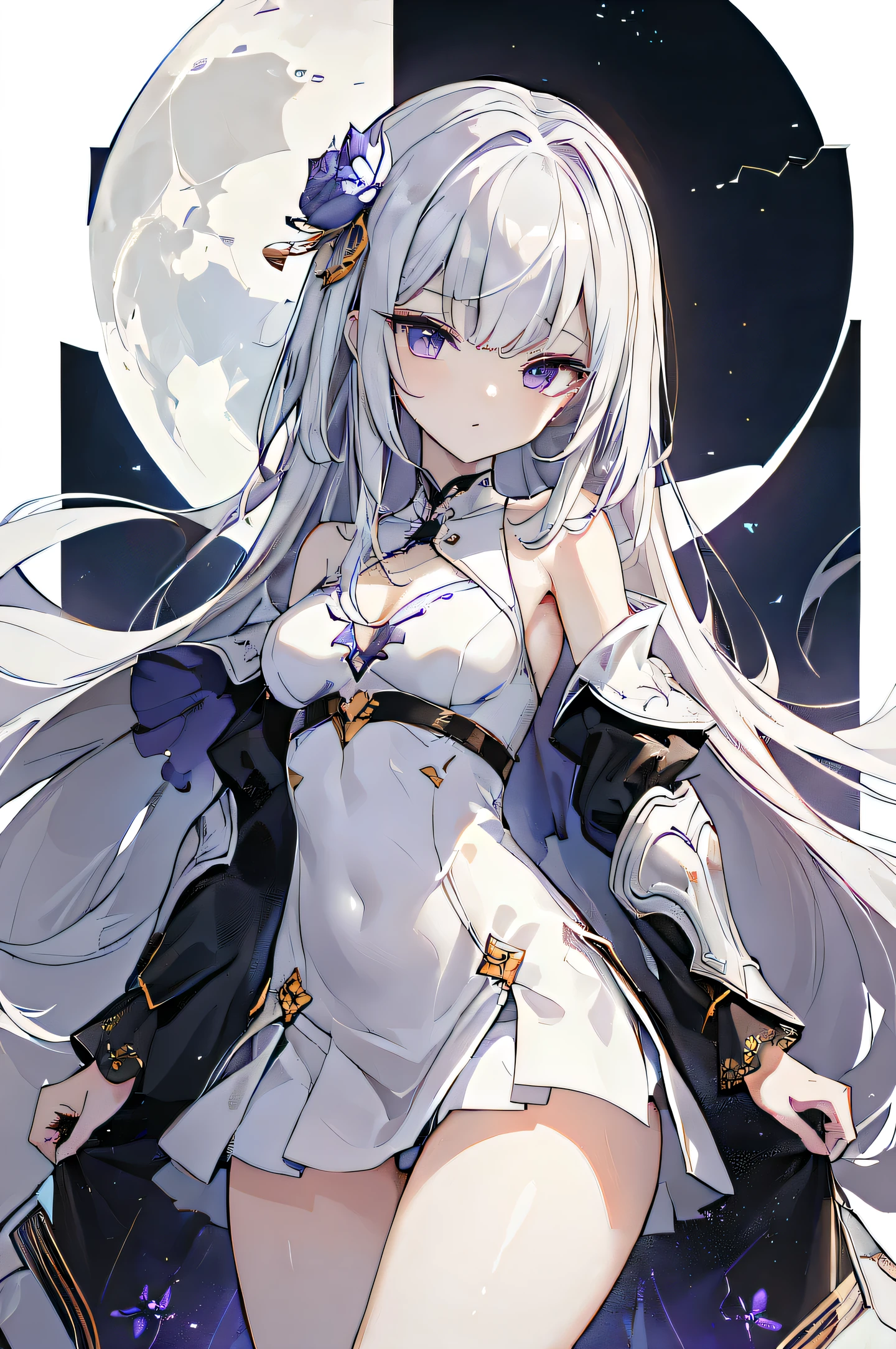 1girl, anime, cute girl, blank background, white background, fantasy, detailed fantasy dress with highlights, beautiful face, beautiful eyes, dark colors, black hair with multicolor streaks, red eye with different color pupil in eye, multicolor eye, medium breasts, slight cleavage, beautiful skin, cute, breast curtains, extremely delicate and beautiful, (beautiful detailed face:1.0), (detailed deep eyes), symmetrical breasts, deep eyes, shiny skin, portrait, slender waist, hips wider than shoulders, thighs, expressionless, young girl, luminous eyes, adorable,(Kpop idol),(aegyo sal:1),(Platinum blonde hair:1),((puffy eye)),Black panty,sexy posture,Superskirt, Ultra-high resolution,Black collar,slim figure, Abdominal y tattoo, womb tattoo,Tight-fitting leg ring,y tattoo on half-body,Bare skin, Armored hand,Hidden fingertips,Hand covered,Arm covered,Fist covered,{{beautiful detailed fingers}}, tufts of hair, moderate beautiful breast:1.0,(masterpiece:1.2), best quality, high-res, HDR, perfect face, intricate armor, delicate blue filigree, intricate filigree, red metalic parts, detailed part, dynamic pose, dynamic lights, cute face, neutral expression, shuimobysim, lotus, Hanfu, maxi skirt, dress conservatively 1girl, solo, long blue hair, standing, One lady,14years,((White hair) ,(Shiny purple bodysuit with microskirt),((Fantasy, Moon Night)), gradient_eyes,