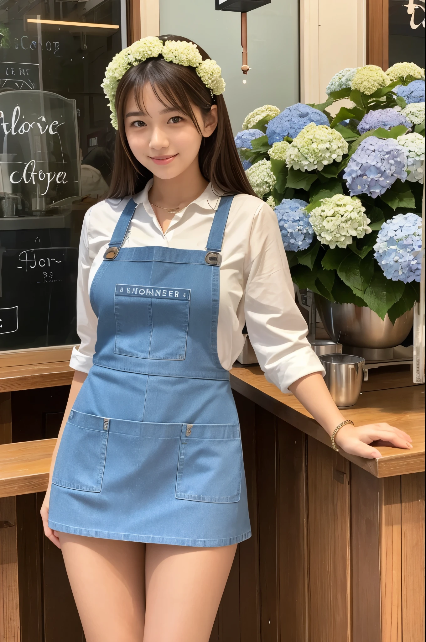 A 20-year-old girl working at a coffee shop decorated with hydrangeas(Wearing a miniskirt and apron)