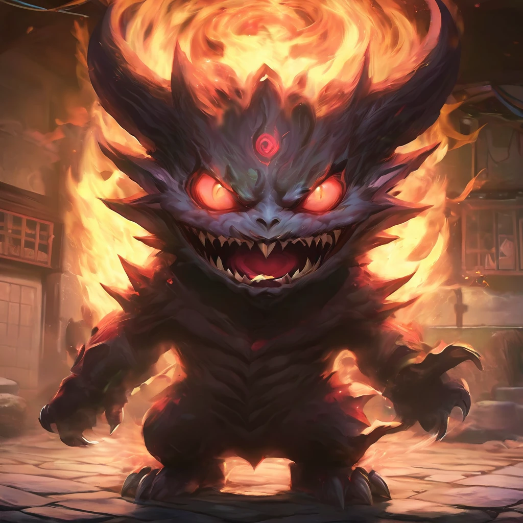 anime character with fire eyes and a devil like face, Full Art, From Hearthstone, Hearthstone card art, Collectible Card Art, Hearthstone card game artwork. ”, Hearthstone card artwork, Hearthstone Art, Burning hell, Mana Art, Official Splash Art, fire devil, Hearthstone-inspired art, Goblins, in Hearthstone Art style, devil, Hearthstone Artwork, evil, Prickly skin, Deep in the forest, Giant creatures, Creepy, Open your mouth wide