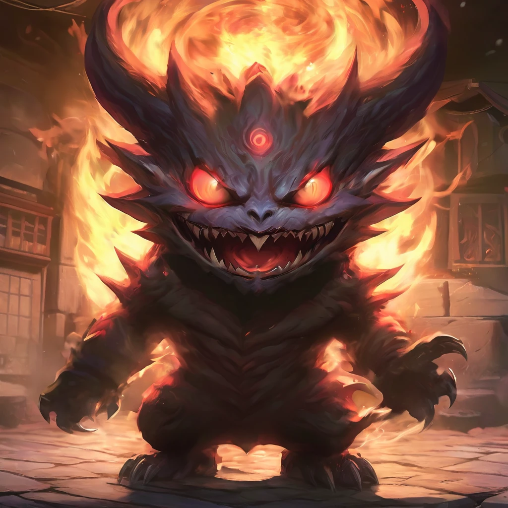 anime character with fire eyes and a devil like face, Full Art, From Hearthstone, Hearthstone card art, Collectible Card Art, Hearthstone card game artwork. ”, Hearthstone card artwork, Hearthstone Art, Burning hell, Mana Art, Official Splash Art, fire devil, Hearthstone-inspired art, Goblins, in Hearthstone Art style, devil, Hearthstone Artwork, evil, Prickly skin, Deep in the forest, Giant creatures, Creepy, Open your mouth wide