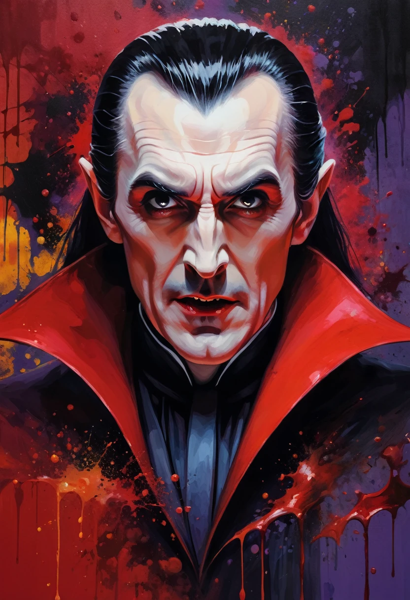 Colorful painting of a new age Count Dracula, Composition in the play, Character frontal，filmposter，Close-up of people， Extreme close-up, Halloween-themed aesthetics, blood spatter, Nicolas Samori style