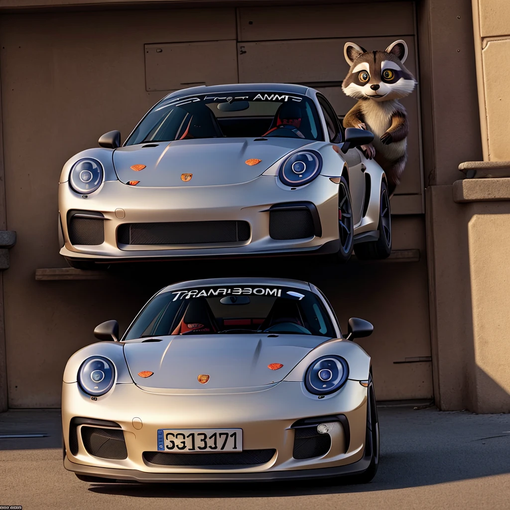 Draw a picture of a raccoon driving a Porsche GT3 RS.