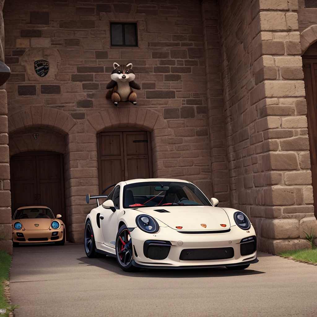 Draw a picture of a raccoon driving a Porsche GT3 RS.