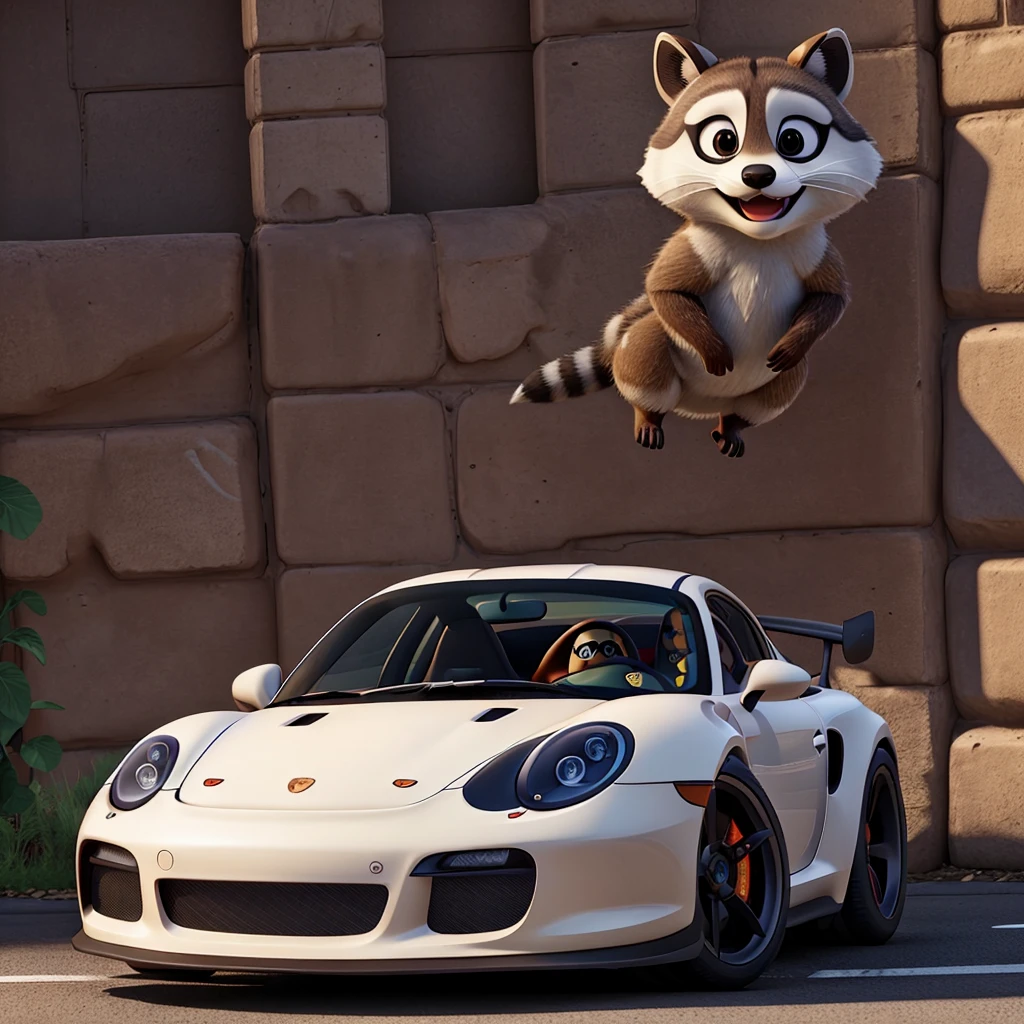 Draw a picture of a raccoon driving a Porsche GT3 RS.