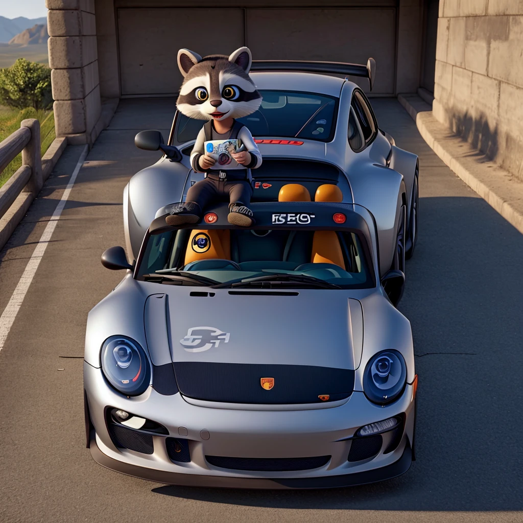 Draw a picture of a raccoon driving a Porsche GT3 RS.