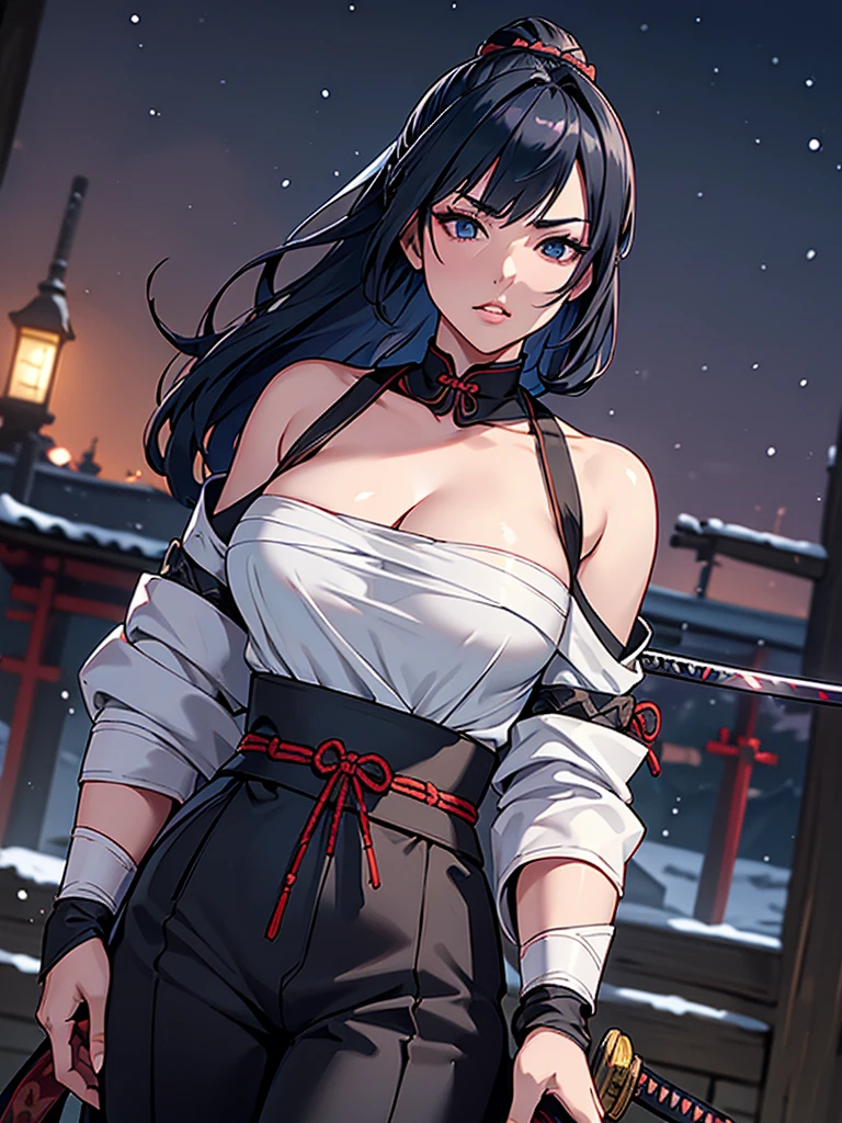 a female samurai, beautiful detailed eyes, beautiful detailed lips, extremely detailed face, long eyelashes,hyper realistic lighting,(super detailed:1.3),((best quality:1.2)),((masterpiece:1.2)),female focus,lonely beauty,(nighttime:1.6),(standing in a medieval europe castletown),cowboy shot,cleavage,((chest sarashi:1.125)),topknot,muted dark blue hair,white samurai coat,(black samurai pants:1.3),(angry:1.05),(wearing one sleeve),(ripped sleeve:1.4),(katana sword on hip:1.2),ripped clothing