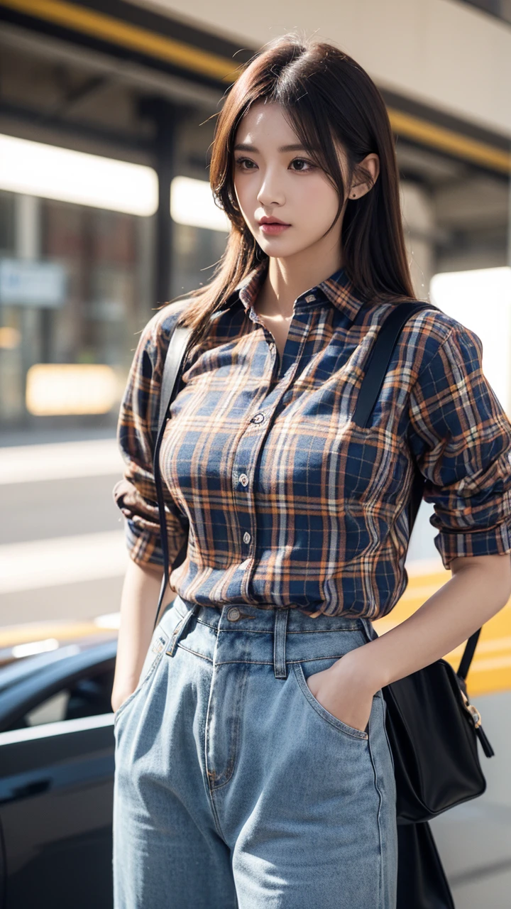 Fashion plaid shirt, men's casual shirt, large plaid design, front view, hyper-realistic photography, commercial photography, hyper-realistic, ultra-high definition, LS, high-definition 8k --ar 16:9 --s 750 --v 5.1