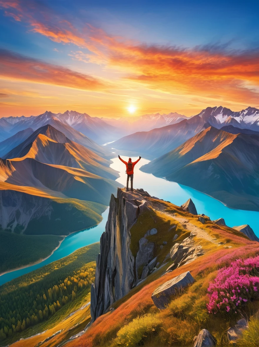 Illustrate a solitary figure atop a mountain peak during a glorious sunrise. The individual is seen with their arms stretched wide, embodying a sense of achievement and , echoing the magnificence of the natural landscape. The scene is flooded with bright, vibrant colors and the light of dawn creates dramatic shadows, enhancing the grandeur of the environment. The vantage point is similar to that offered by a wide-angle lens, providing a panoramic view of the vast wilderness, under the theme of adventure and exploration.