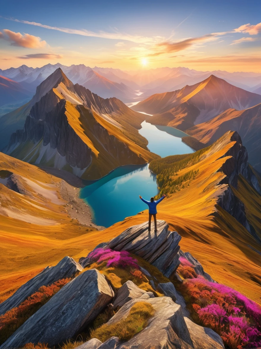 Illustrate a solitary figure atop a mountain peak during a glorious sunrise. The individual is seen with their arms stretched wide, embodying a sense of achievement and , echoing the magnificence of the natural landscape. The scene is flooded with bright, vibrant colors and the light of dawn creates dramatic shadows, enhancing the grandeur of the environment. The vantage point is similar to that offered by a wide-angle lens, providing a panoramic view of the vast wilderness, under the theme of adventure and exploration.