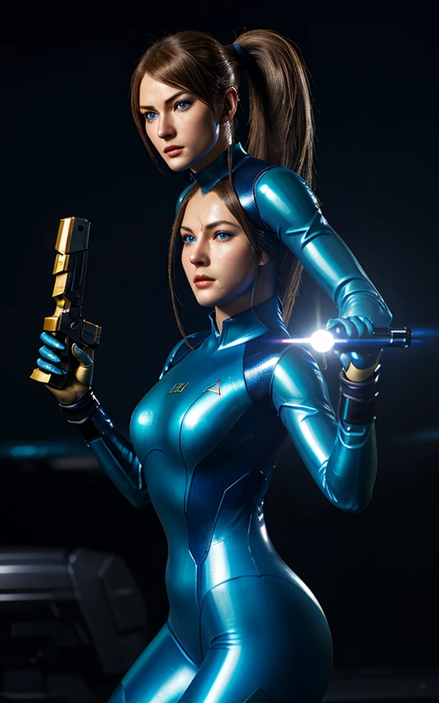 unparalleled masterpiece, ultra realistic 8k CG, perfect artwork, ((perfect female figure)), mature female, milf, narrow waist, alluring, clean, beautiful face, pure face, pale skin, divine goddess, ((shiny skin)), (((skindentation))), delicate pattern, intricate detail, (rich:1.4), prestige, gorgeous, luxury, royal palace, jewelry, gem, gold, silver, diamond, glint, sapphire, ruby, emerald, pearl, amber, obsidian, samus, mole, ponytail, (blue eyes), ((night)), dark,((dramatic lighting)), ((scifi)), ((zero suit)), ((shooting gun)), (((action pose)))