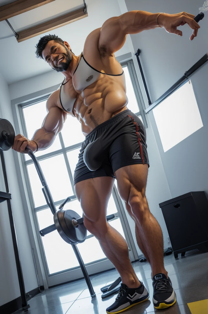 Authentic style，A strong gym teacher walks into the room，Take the barbell，Black barbell，Walking posture，Fitness coach，Grey vest，Looking at the camera，40-year-old Asian man image，Canine，Tiger Teeth，Looking at the camera，Slobber，Both hands，beard，Gray clothes，Wet clothes，A kind expression，Kind uncle，A polite greeting，Black short hair，Very short hair，（Fat-encapsulated muscle），Fit and fit，Mermaid line，Loose work shorts，Dirty pants，(There is a huge King Oyster Mushroom in my pants)，Leg hair，Thick body hair，Black body hair，Leg hair，cloth shoes，toe，Sexy men，full-body shot，Real person photos，Correct anatomical shape of the limbs，indoor，White Wall，daytime，Full body shot，Bottom-up camera angle，Upward camera angle，Fine skin texture，Soft Light，Low contrast images，Highest quality，4k quality，