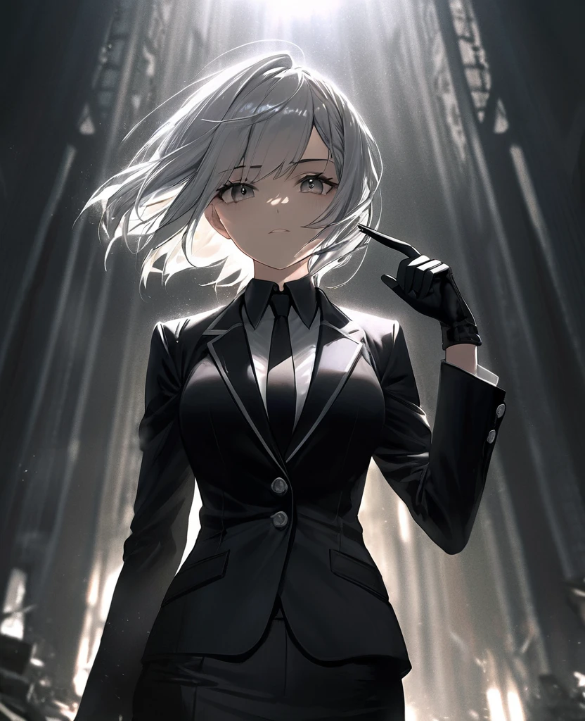 (a woman with one arm,arm handicapped), short white hair, intense expression, wearing a slim-fit black suit with black gloves, highly detailed, photorealistic, intricate details, masterpiece, dramatic lighting, cinematic, moody atmosphere, chiaroscuro, dark and gritty,Smug faces
