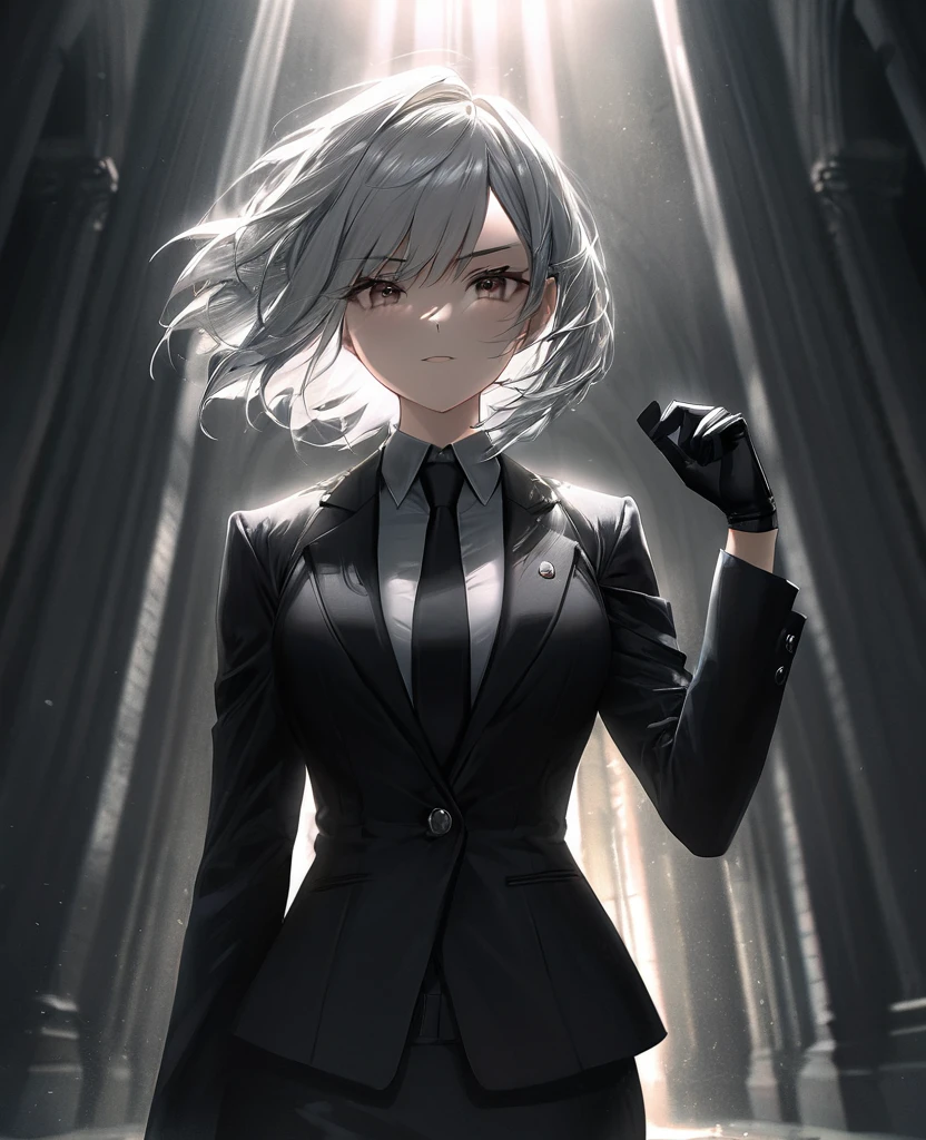 (a woman with one arm,arm handicapped), short white hair, intense expression, wearing a slim-fit black suit with black gloves, highly detailed, photorealistic, intricate details, masterpiece, dramatic lighting, cinematic, moody atmosphere, chiaroscuro, dark and gritty,Smug faces