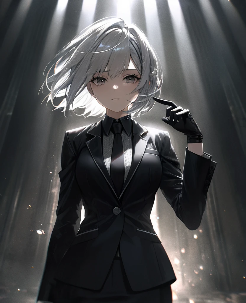 (a woman with one arm,arm handicapped), short white hair, intense expression, wearing a slim-fit black suit with black gloves, highly detailed, photorealistic, intricate details, masterpiece, dramatic lighting, cinematic, moody atmosphere, chiaroscuro, dark and gritty,Smug faces