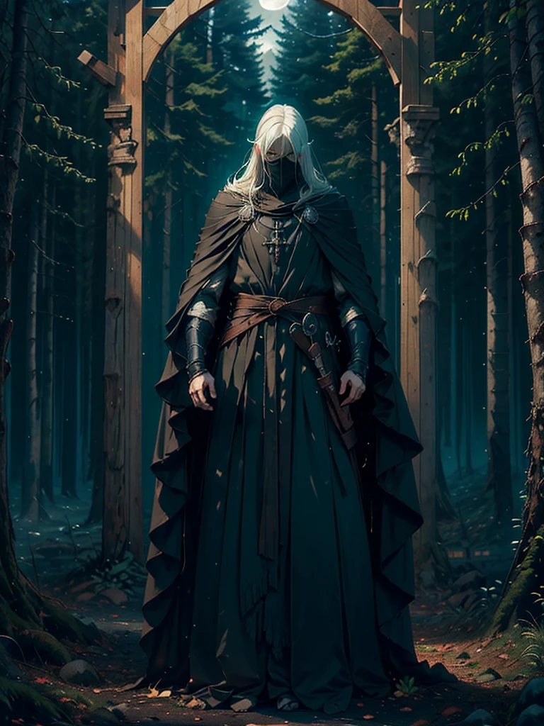 (Best Quality,ultra detailed), artificial raindrops falling, a man standing in the rain, white hair, blue eyes, detailed face(fail),dense forest landscape,majestic and serene nature, shining brightly in the night sky,black medieval outfit with fluorescent red stripes that glow in the moonlight, gentle style