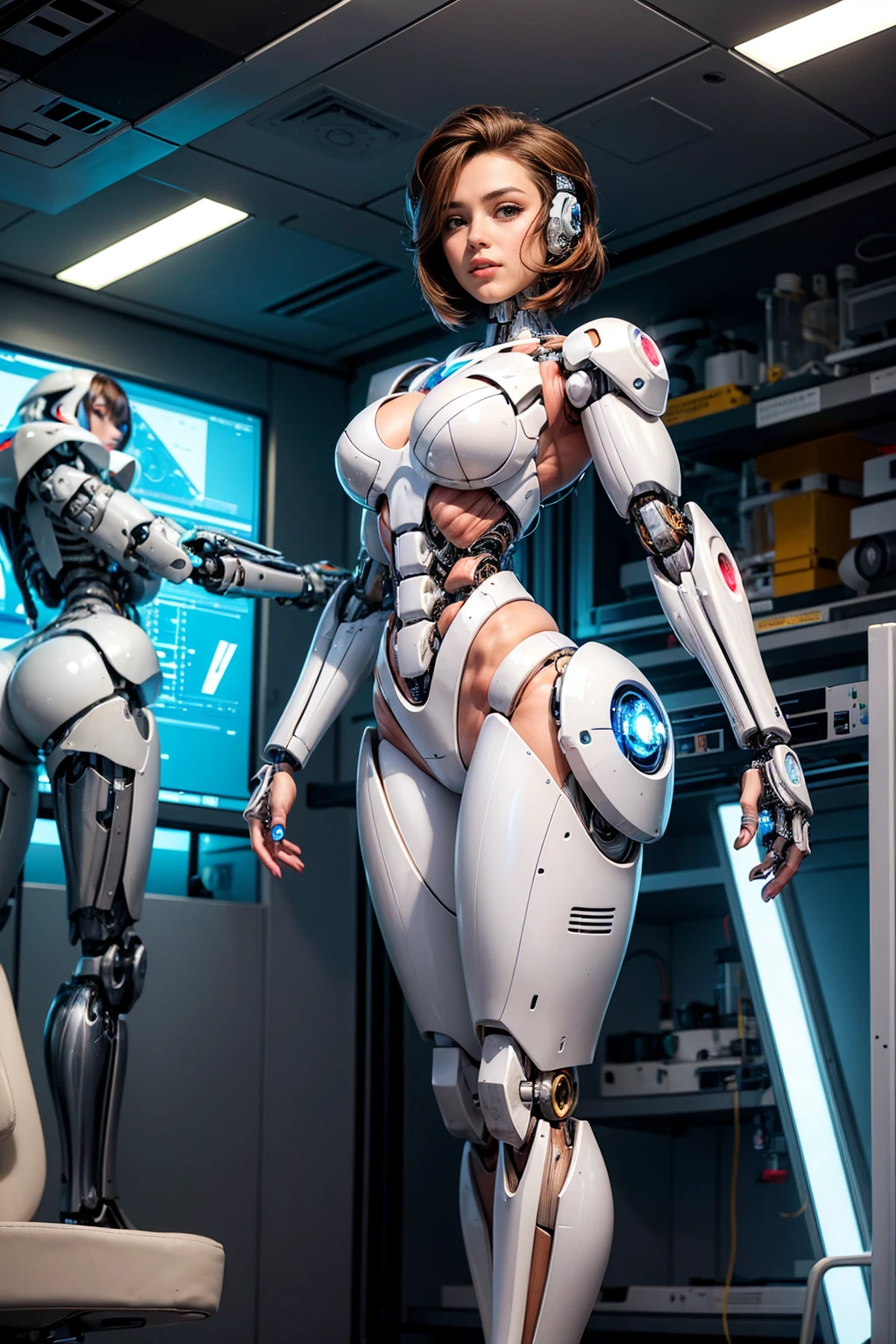 (Muscular:2), (thick thighs:1), (large round breasts:1), (large muscular chest and shoulders:1.4), FEMALE, brown hair, long brown hair, (big smile:0), (tight mecha arm, cute cyborg:1.5), looking at viewer, (three quarter view:1.3), upper body view, (white futuristic laboratory room:1.5), dark lighting, detailed skin, detailed eyes, (dark skin:1.), (very thin waist:1.3), (huge round muscles:1.5), (tall, long cyborg legs:1.5),
