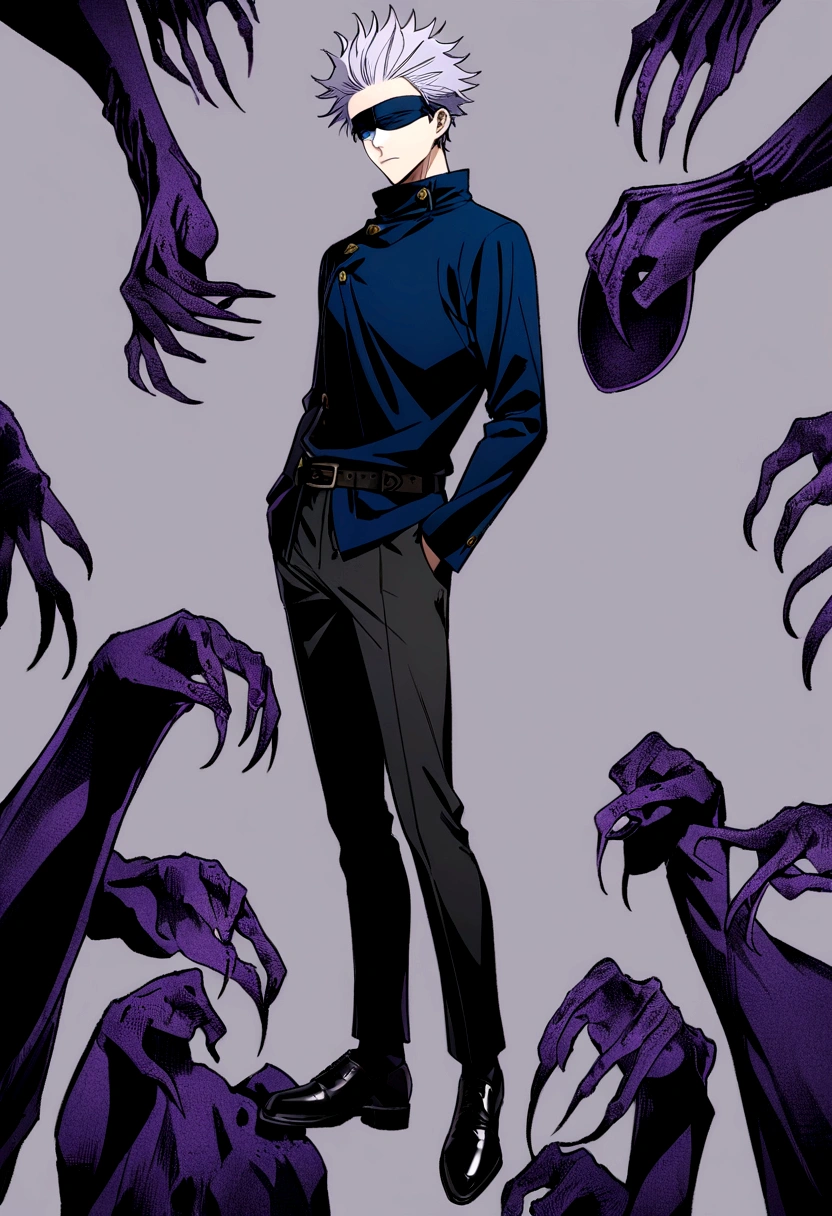 Gojo Satoru, One man, Artist Request, , Gray Hair,, Blindfold, Leather shoes, Expressionless, whole body, Beautiful blue eyes, High resolution, View your viewers, Infinite Curse, Aniplex, pants, shirt, short hair, Simple Background, alone, Jujutsu Kaisen, Infinite Curse