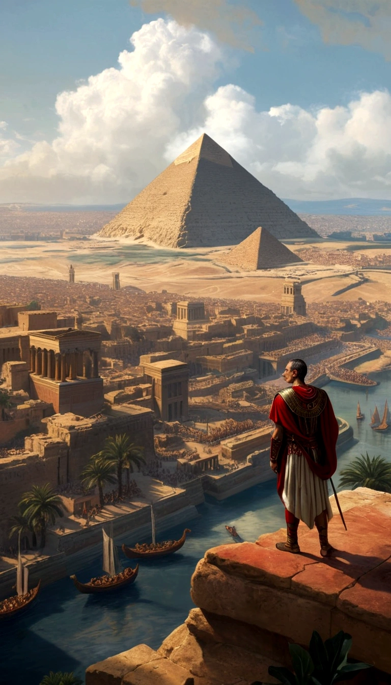 Renaissance painting of Julius Caesar emperor of Rome observed, he has his back to the observer, he is in his iconic clothes and with a red cape, observing Egypt from above