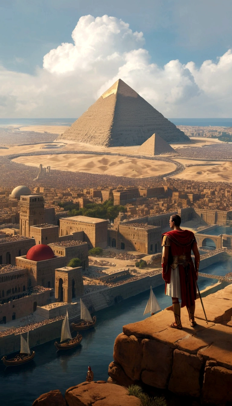 Renaissance painting of Julius Caesar emperor of Rome observed, he has his back to the observer, he is in his iconic clothes and with a red cape, observing Egypt from above