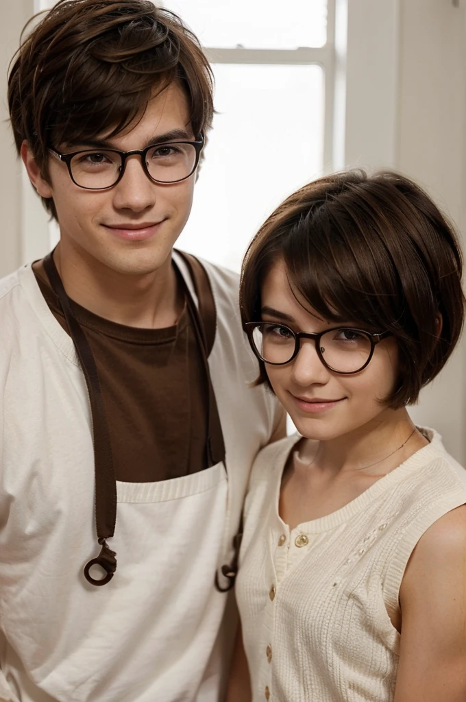 A girl with medium hair cut in white with brown, He has glasses and is half serious and a boy with medium short dark brown hair smiling, without glasses 