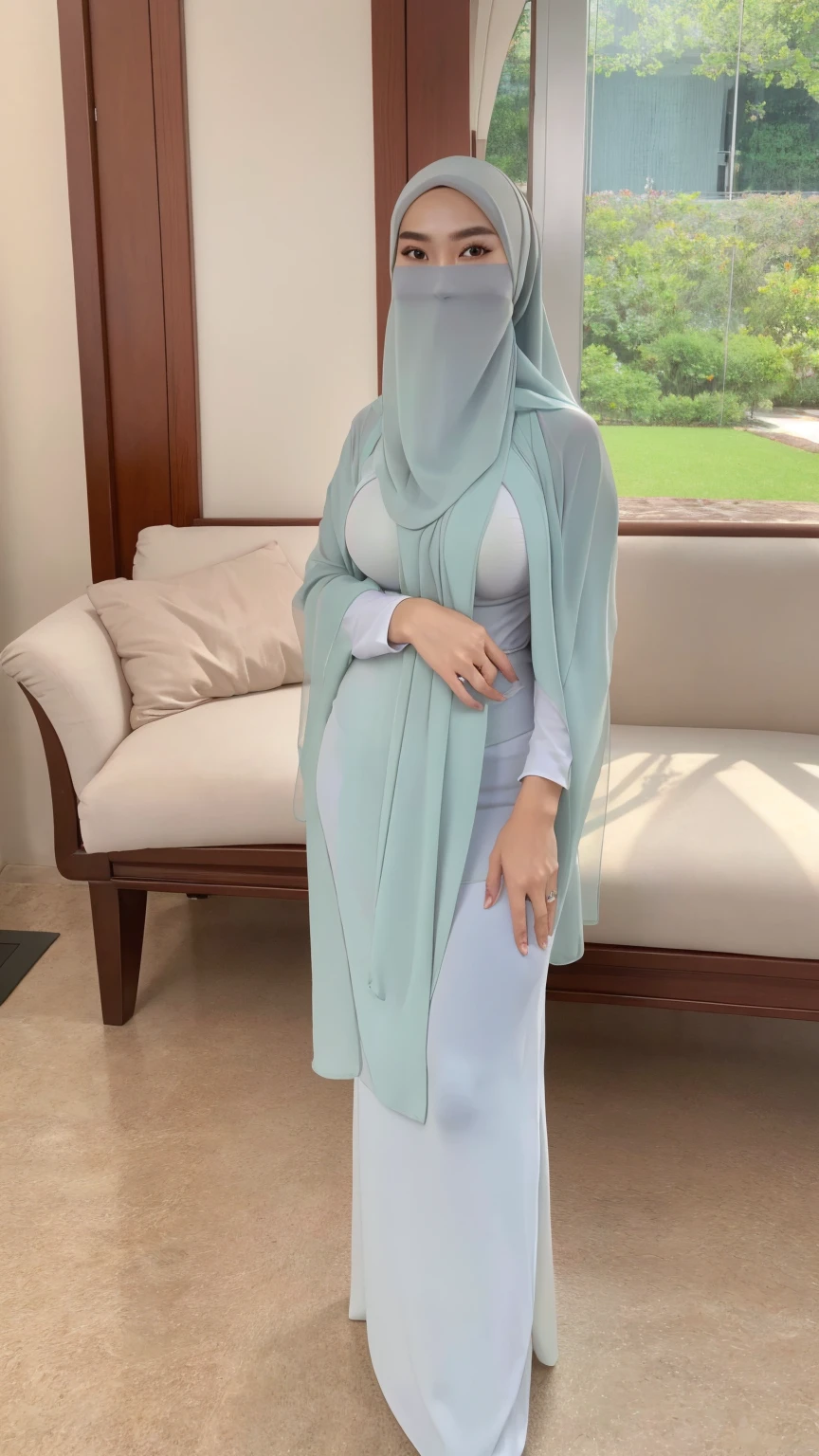 (best masterpiece), ultra-high quality, highly detailed, Ultra-HD Images, soft lighting, Ultra-Fine Picture, DSLR, ultra sharp, ((Ultra-HD Picture:1.4)), 8K IMAGES, ((realistic detailed human)), indonesian, husna hijab, big breast, forward chest, ((sexy See through tight hanfu)), Thin smile, Round eyes, hot pose, living room, full body view